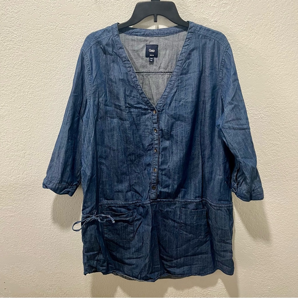 GAP Blue Denim Tunic Pullover Top with Drawstring and Pockets